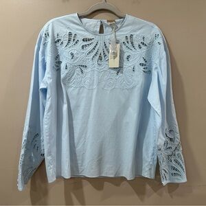 Magaschoni Top Embroidered Blue Women Xs Long Sleeve Peasant Boho Cottagecore